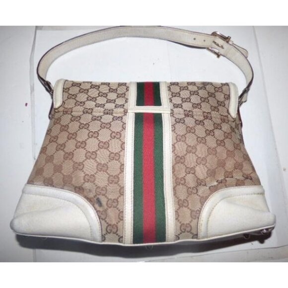 Gucci Vintage Envelope Style Purse White and Brown Leather Red Green Stripe - Picture 5 of 6